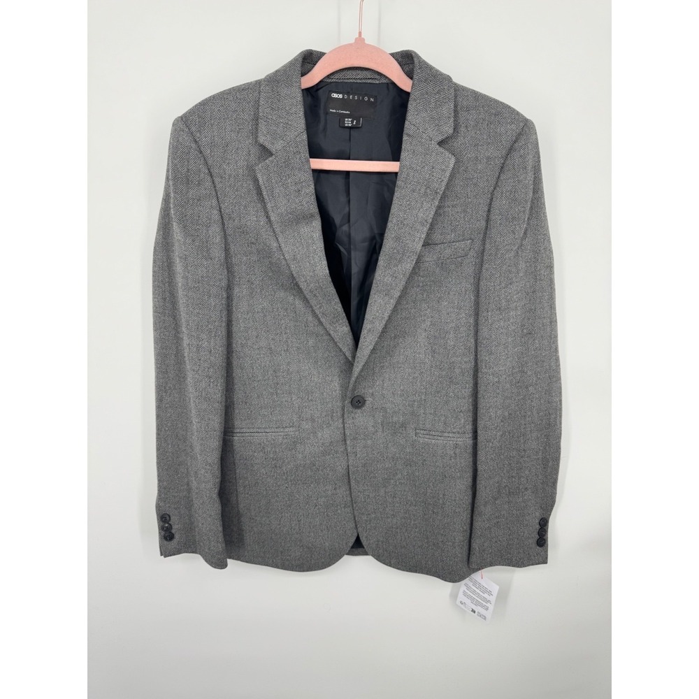 NWT Asos Blazer Mens 36 Reg Gray Herringbone Lined One-Button Suit Jacket Career